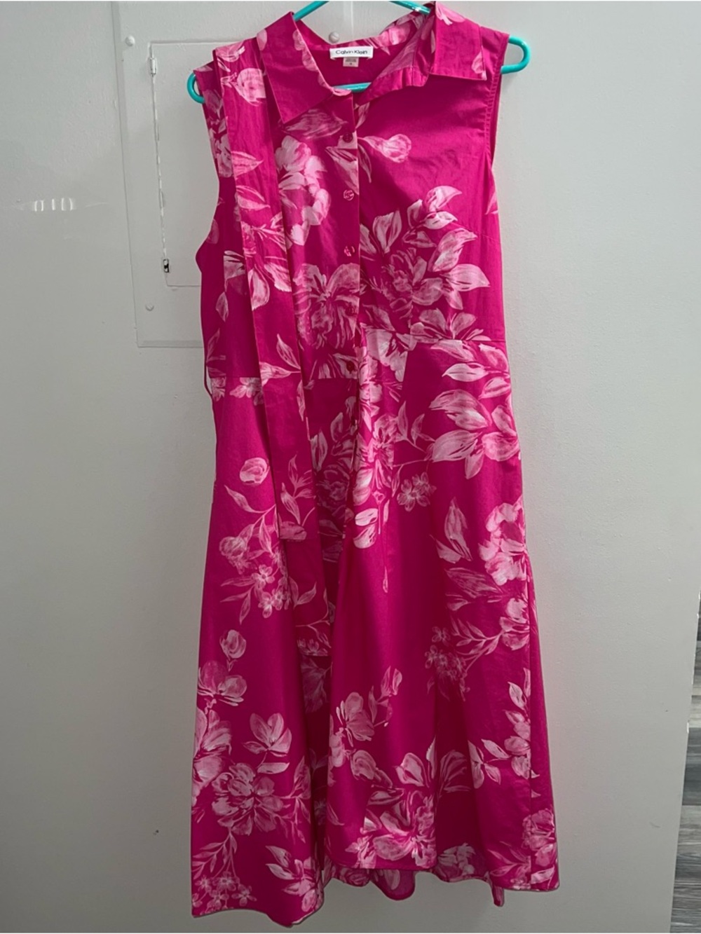 Calvin Klein Hot Pink and White Floral Sleeveless Shirt Dress